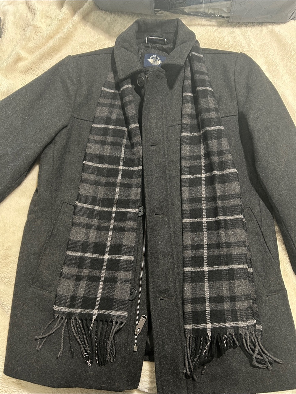 Dockers Black Wool Pea Coat with Gray Plaid Scarf